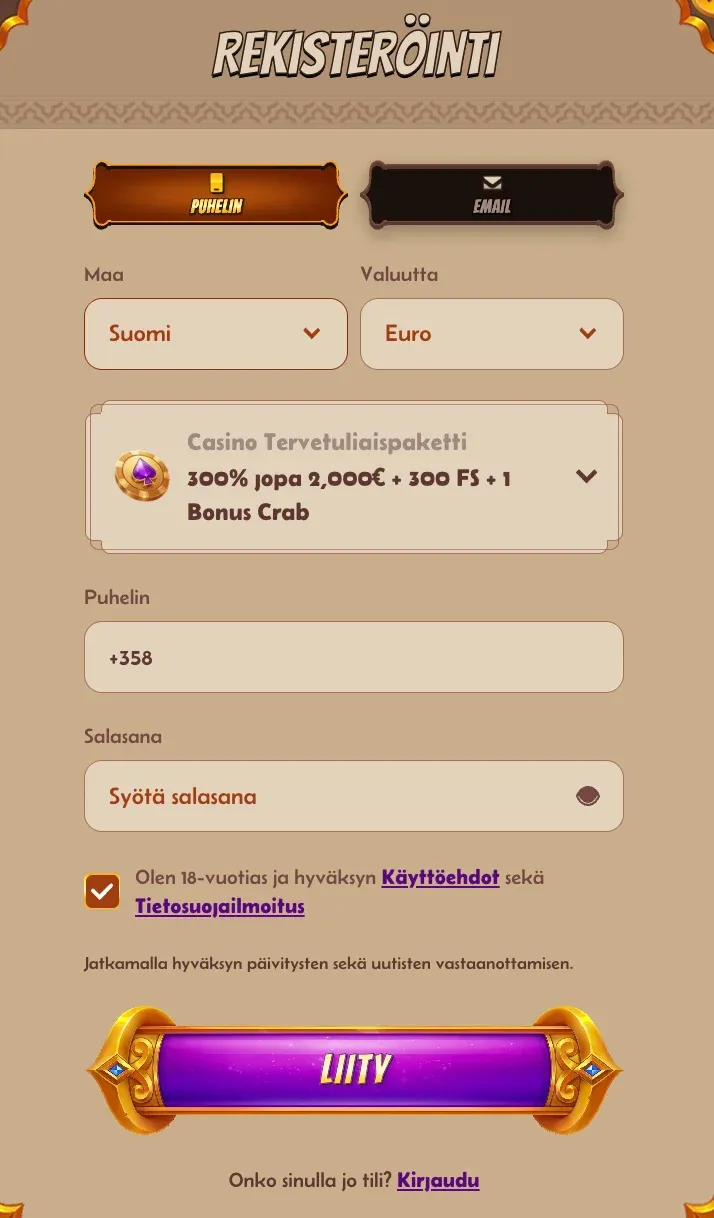 Rekisteröintilomake AlaWin casino