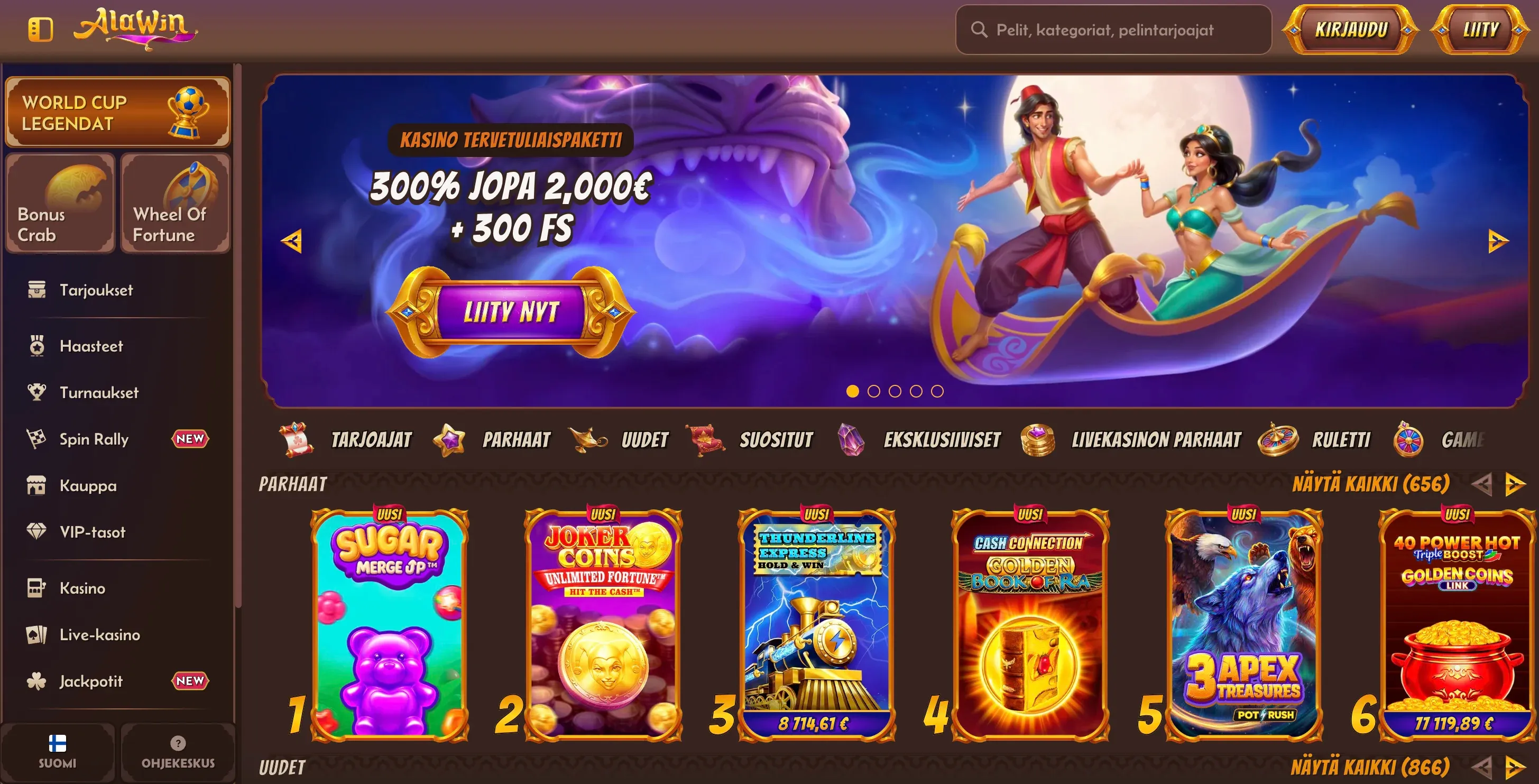 AlaWin casino kotisivu